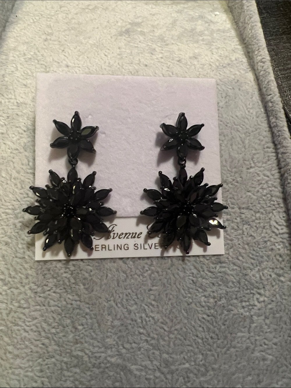 Black Floral Drop Earrings with Sterling Silver Backing
